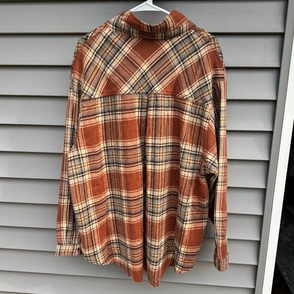 Umgee 1XL Burnt Orange Rust Plaid Hi-Lo Loose Fit Flannel Button Down Shacket - Picture 12 of 12
